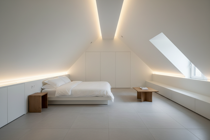 Maak een mooie kalme maar strakke afbeelding van Stucwerk zolder met ledverlichting, nederlands huuis